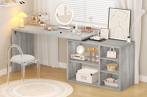HSH L Shaped Computer Desk, Rustic Wood Corner Desk, Industrial Writing Workstation Table with Cabinet Drawer Storage for Home Office Study, Grey 55 inch