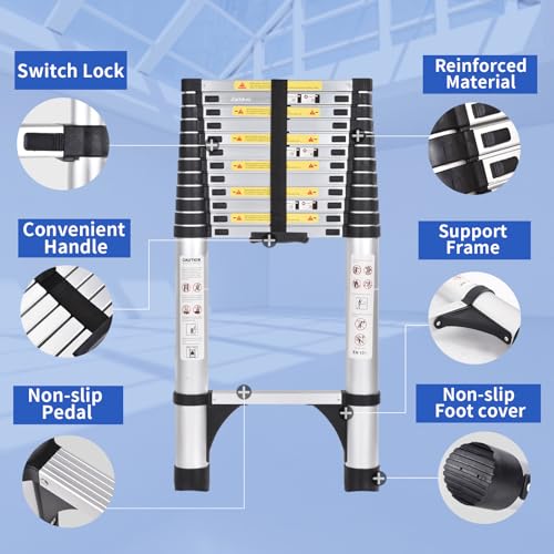 Telescoping Ladder 16.5 FT Extension Ladder Aluminum Lightweight Telescopic Ladder with 2 Triangle Stabilizers Telescoping Attic Ladder RV Ladders for Travel Collapsible Ladders for Home