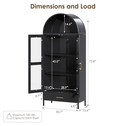 Metal Arched Storage Display Cabinet in Black with Drawer, Arched Cabinets with Glass Doors and Shelves for Living Room, Kitchens and Bedrooms, Assembly Required
