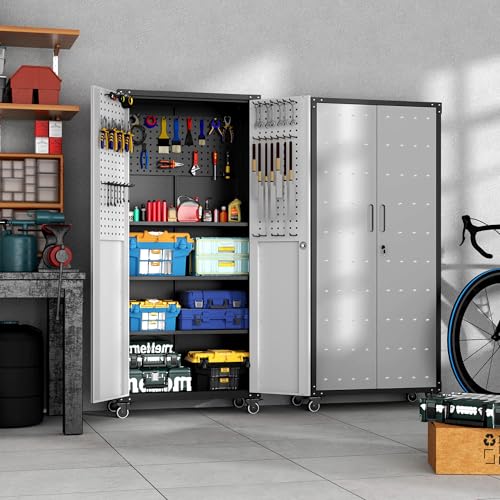 Metal Storage Cabinet with Wheels, Lockable Garage Cabinet with Doors and Shelves, Rolling Tool Storage, Assembly Required, Black