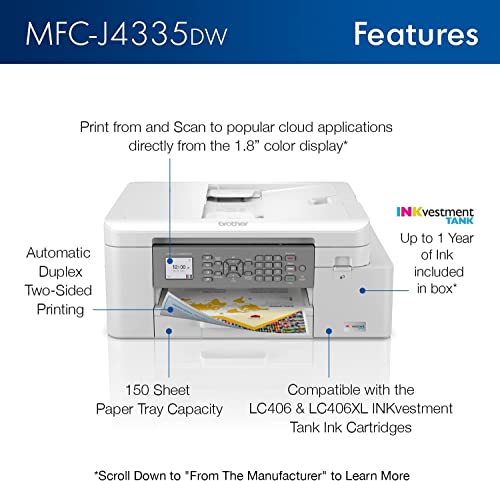 Brother MFC-J4335DW INKvestment Tank All-in-One Printer with Duplex and Wireless Printing Plus Up to 1-Year of Ink in-Box