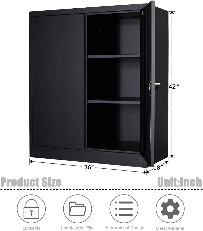 GREATMEET Metal Storage Cabinets with 2 Adjustable Shelves,41.6" H Locking Metal Cabinet Counter Office Storage Cabinet with Handle Security Lock for Home Office (Black 41.6" H)