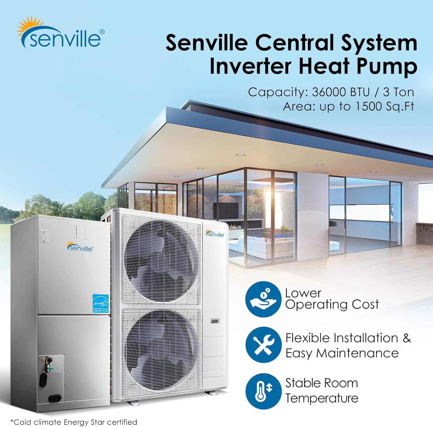 Senville 3 Ton Central Air Conditioner Heat Pump Split System, 36,000 BTU, Inverter, Variable Speed, 15K AUX, 208/230V