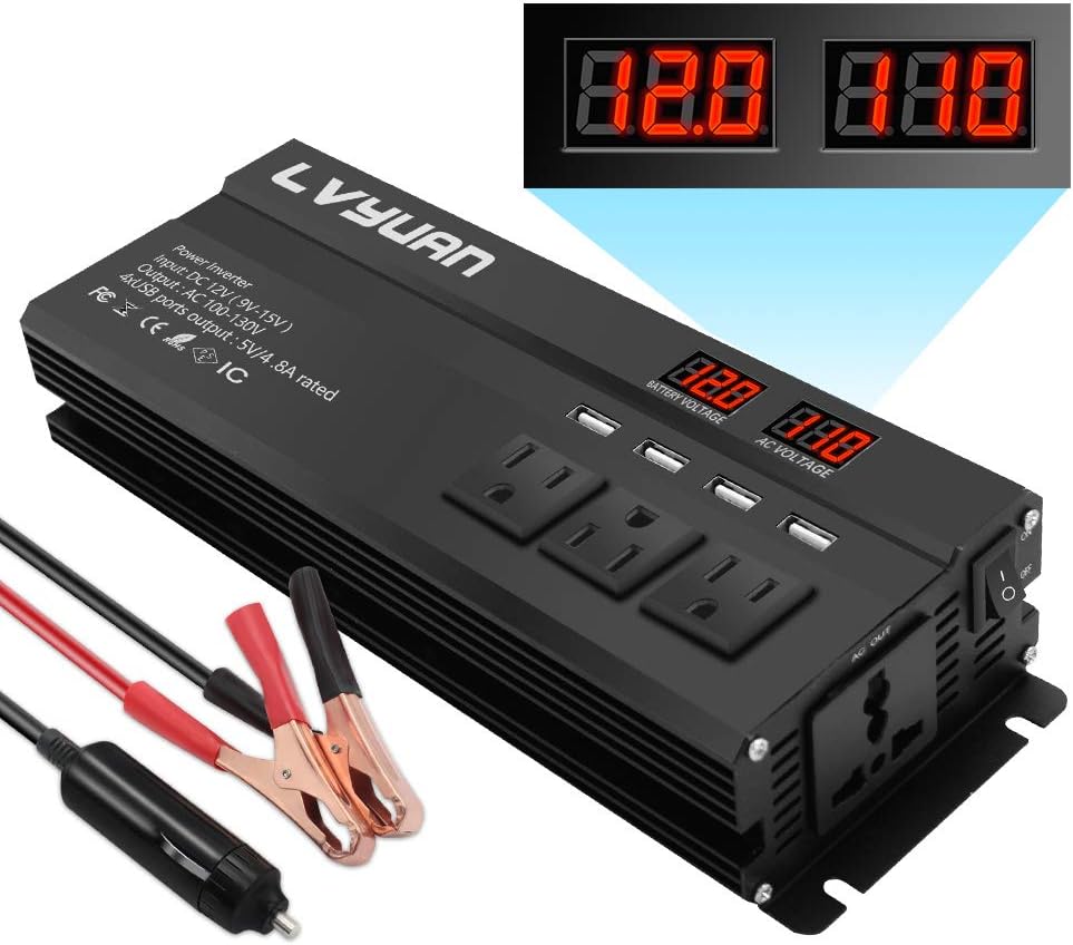 Yinleader 1000W Power Inverters DC 12V to 110V/120V AC Car Power Converter w/ Display 4 AC Outlets 4 USB Port and Cigarette Lighter for Truck RV Laptop Emergency Pack of 2