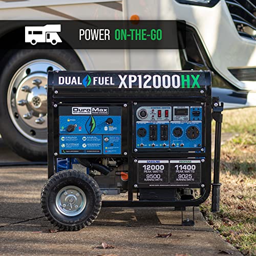 DuroMax XP13000HXT 13,000-Watt 500cc Tri Fuel Gas Propane Natural Gas Portable Generator with CO Alert, Black/Blue