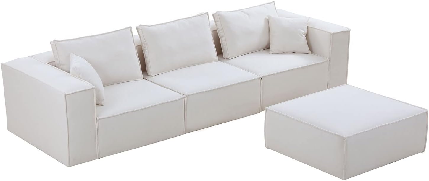 129.13 inches L Shaped Modular Sofa Couch with Ottoman, White Sectional Sofa with Reversible Chaise for Living Room Apartment Home Office (3 Seat)