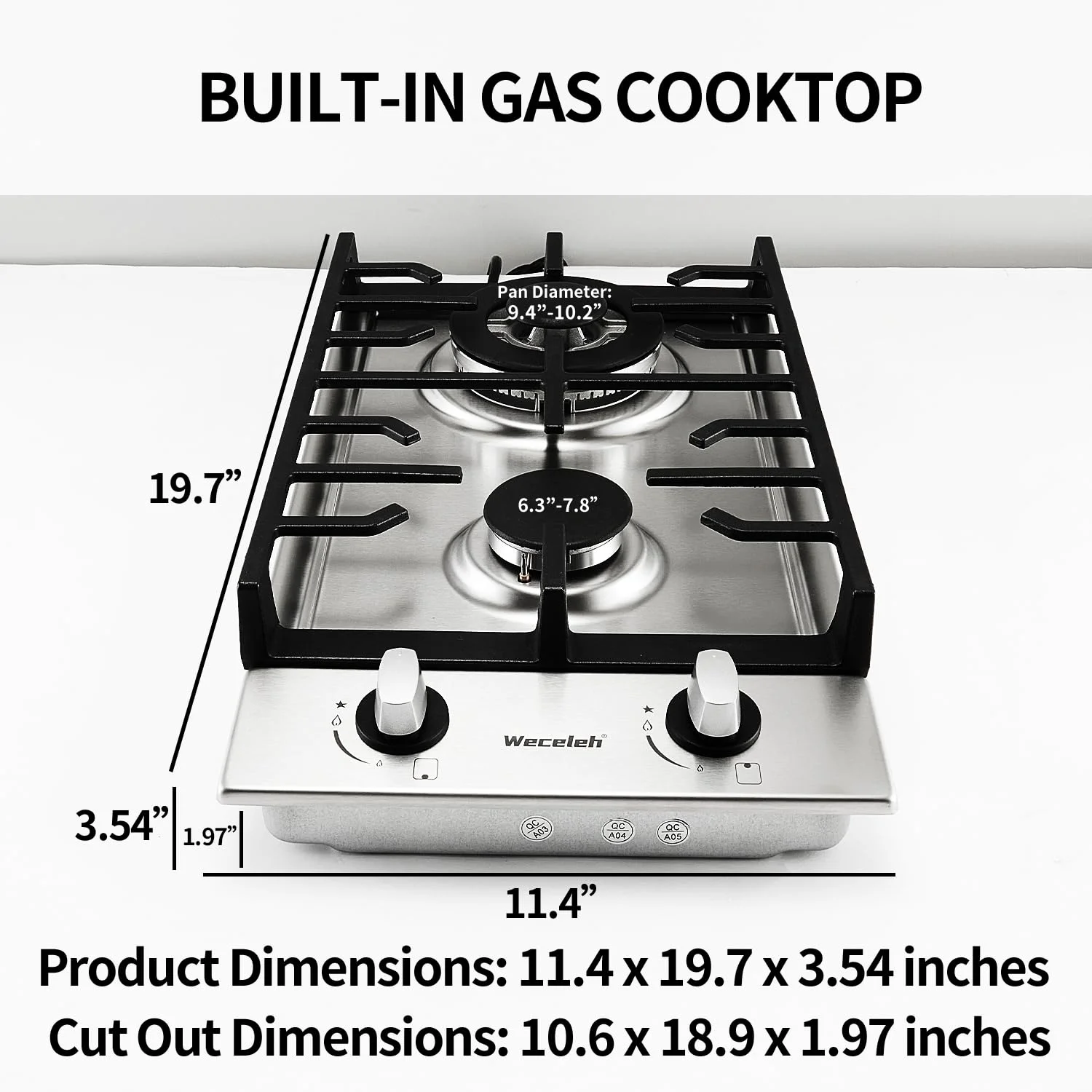 12" Dual Fuel 2 Burner Cooktop with Dual Size Power Burner,Stainless Steel Gas Stove