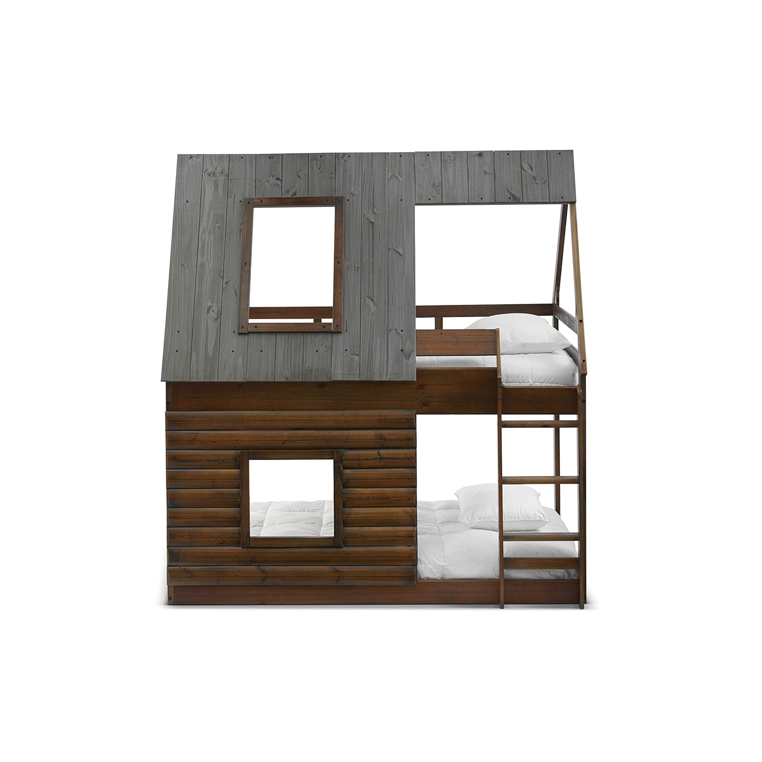 Ti Amo Blue Ridge Log Cabin Twin Bunk Beds House for Kids with Ladder, Brown/Grey
