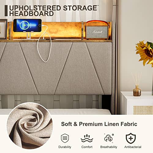 IKIFLY King Bed Frame with Charging Station & Storage Shelf Headboard - 2 Outlets and 2 USB Ports（1 Type C）- Upholstered LED Bed Frame with Solid Wood Slats, No Box Spring Needed - Light Brown