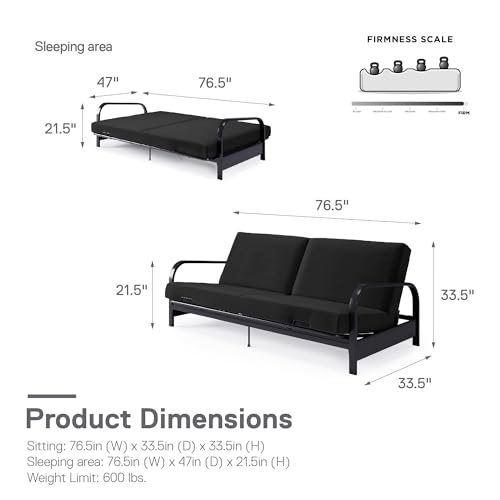 REALROOMS Millie Convertible Metal Frame Futon Sofa with Coil Mattress with Multiple Positions for Seating and Sleeping, Black