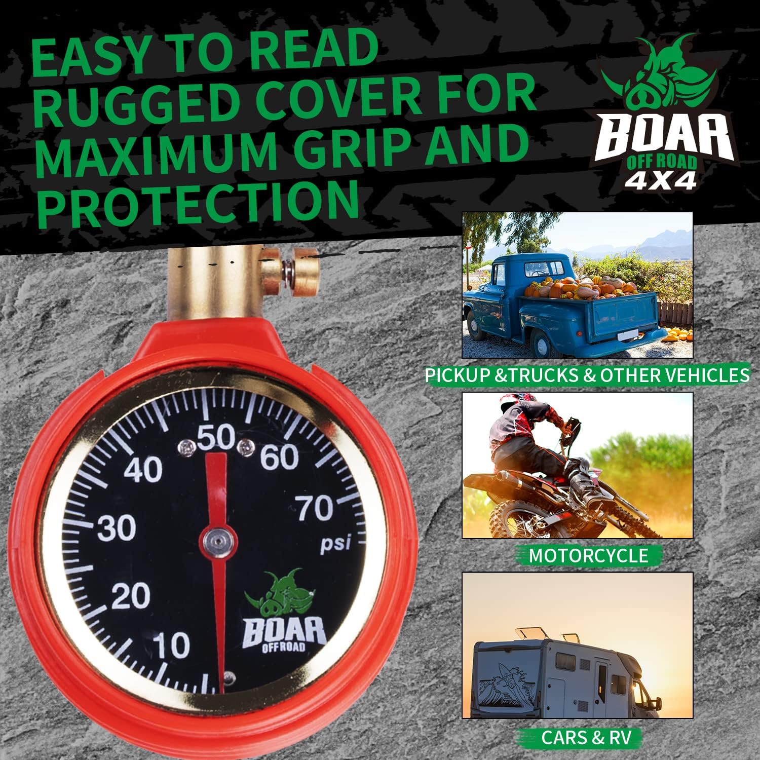 OFF ROAD BOAR Tire Deflators Air Down,Analog Tire Pressure Gaug,0-75PSI Easy to Read Dial with Accurate Rapid Release Button and Tire Repair Tools for Car,Motorcycle,Truck,RV, ATV,UTV,Vehicle Tires