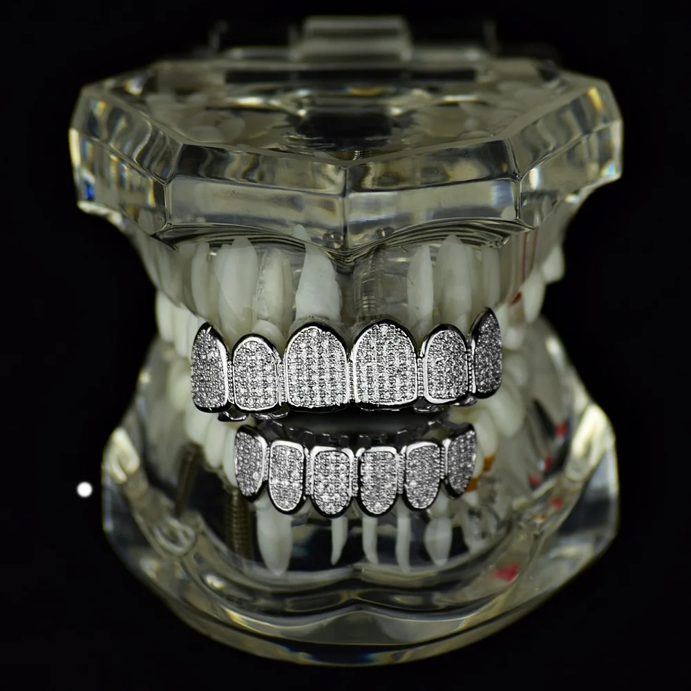 Grillz Set CZ Micro Pave Top & Bottom Silver Tone Micropave Gems Hip Hop Teeth Grills
