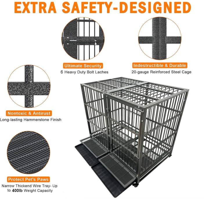 54/48/38 inch Heavy Duty Indestructible and Escape-Proof Dog Crate Cage Kennel for Large Dogs, High Anxiety Dog Crate with Removable Crate Trays, Wheels and Double Door, Extra Large XL XXL