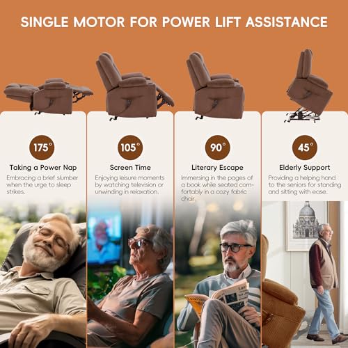 Dual Motor Power Lift Recliner for Elderly, Electric Reclining Chair with Massage and Heat, Single Sofa with USB Ports, Cup Holders, Side Pockets for Living Room Bedroom (Brown)
