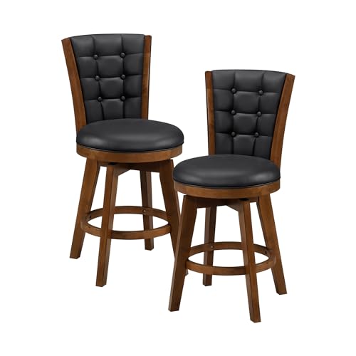 Lexicon Swivel Bar Stools Set of 2, Counter Height Stools for Kitchen Island, Kitchen Stools with Backs, Chestnut Finish and Black Faux Leather Cushion Seat