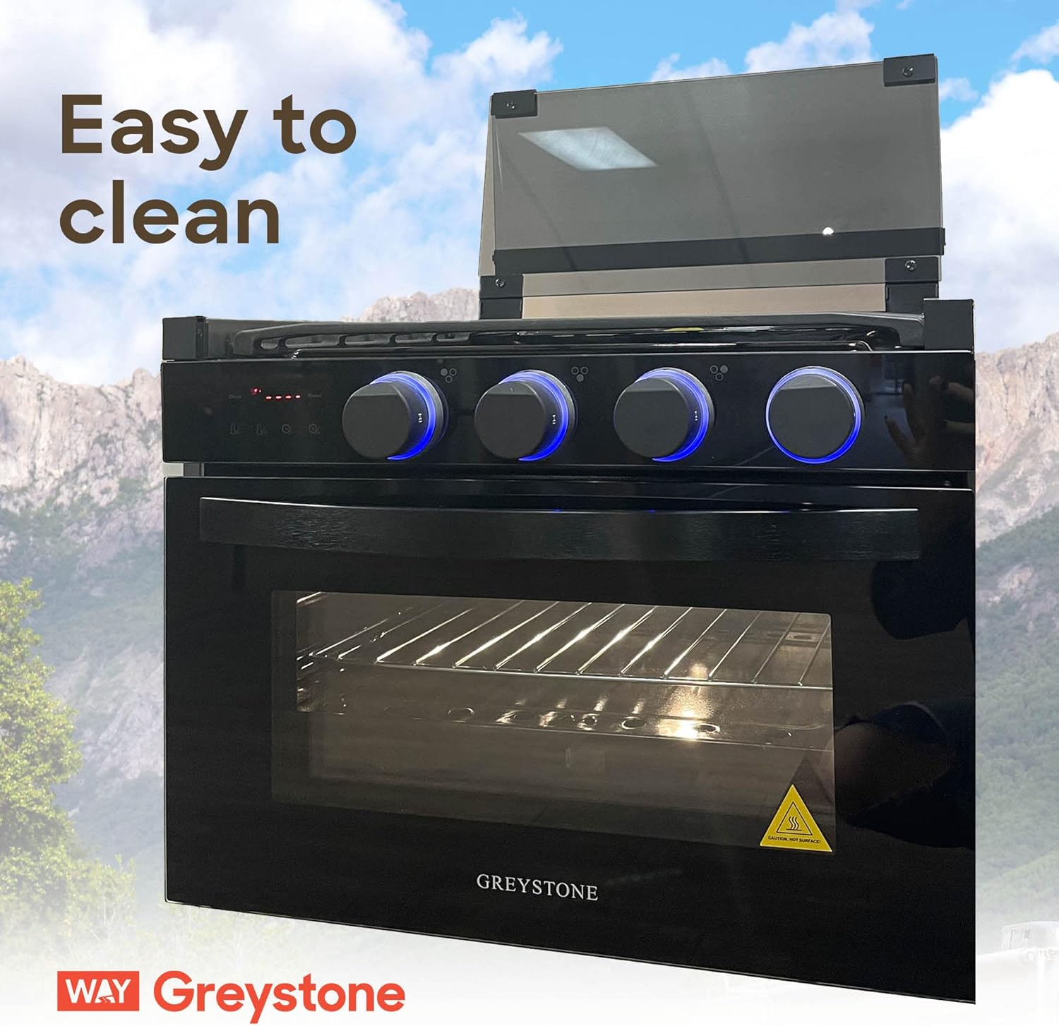 Way Interglobal Greystone, 17 Inch Digital RV Gas Range, Stove and Oven Combo, 12 Volt, LP, 3 Burners, Black