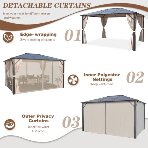 EROMMY 10' x 12' Hardtop Gazebo, Aluminum Frame Gazebos with Galvanized Steel Double Roof, Permanent Outdoor Metal Pavilion with Curtain and Netting for Patio, Lawn, Deck
