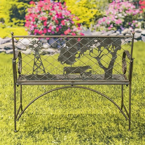 Classic Iron Garden Bench with Nature Scenery (Blooming Tree Backrest in Green)