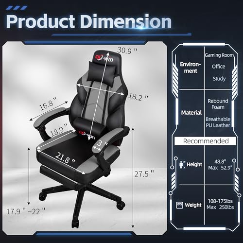 Gaming Chairs for Adults, Computer Chair with Footrest and Ergonomic High Back, Big and Tall Gamer Chairs with Massage Lumbar Support, 360° Swivel Height Adjustable, Blue