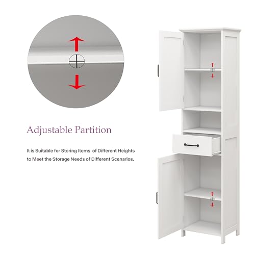 Double Door Narrow Height Slim Floor Standing Cabinet,Tall Bathroom Storage Cabinet with Open Shelves and one Drawer, Freestanding Cabinet,Bathroom Storage for Home, Kitchen, Living Room