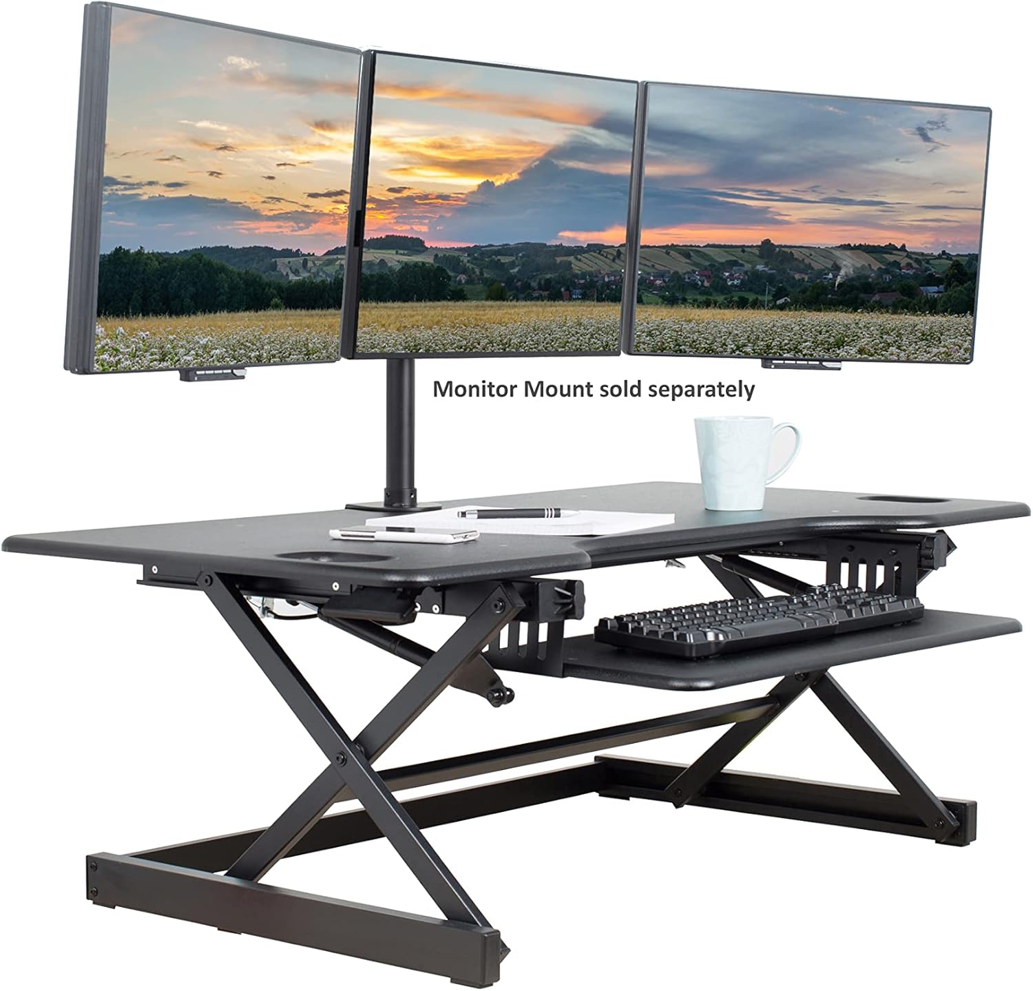 Rocelco 46" Large Height Adjustable Standing Desk Converter, Quick Sit Standup Triple Monitor Riser, Gas Spring Assist Computer Workstation, Retractable Keyboard Tray, (R DADRB-46), Black
