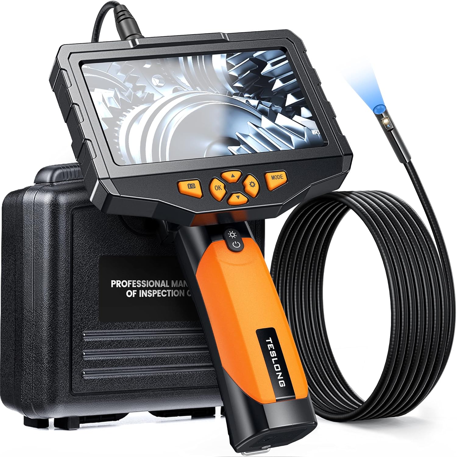 Teslong Dual Lens Inspection Camera with Light, Digital Industrial Borescope, Video Endoscope, Scope Camera, 5 IPS Screen, 16.4ft Flexible Probe, 1080p, Tool for Home, Pipe, Automotive (Waterproof)