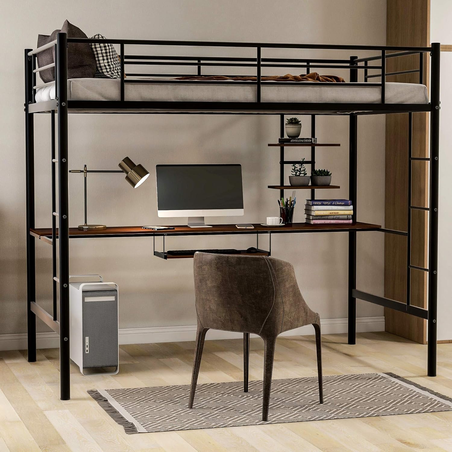 MERITLINE Metal High Loft Bed, Twin Study Loft Bed with Desk and Storage Shelf, Safety Rail and Ladder, Loft Bed for Children (Black with Keyboard Tray)