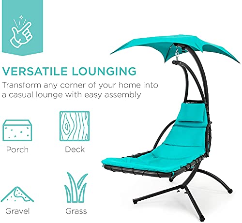 Outdoor Hanging Curved Steel Chaise Lounge Chair Swing w/Built-in Pillow and Removable Canopy, Teal (Navy Blue)