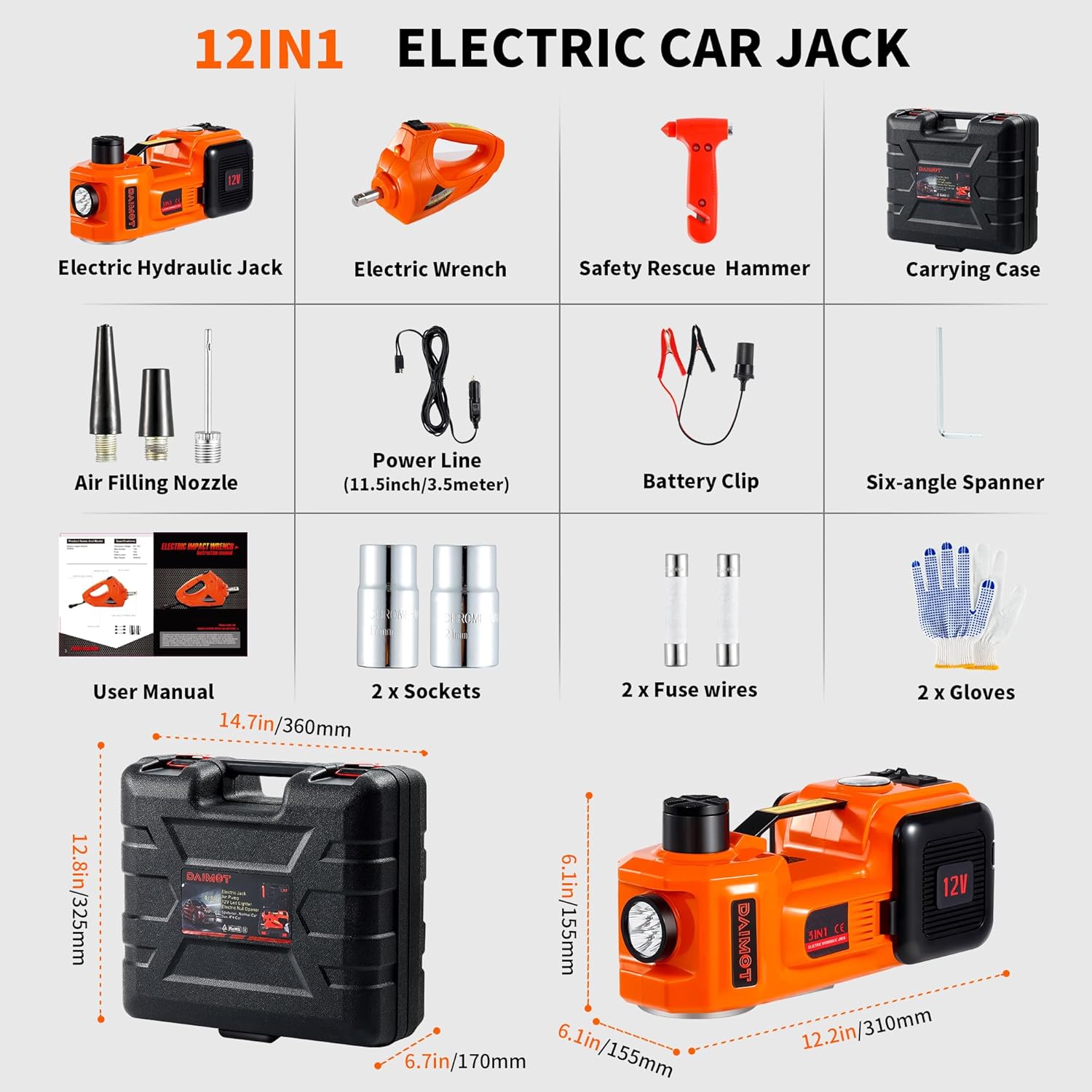12IN1 Electric Car Jack 5 Ton - 11023 LBS Floor Jack Lift, Attachment Included Impact Wrench, Built-in Inflatable Pump, and LED Light, Garage Repair Car Tires Change for SUV MPV Sedan Truck