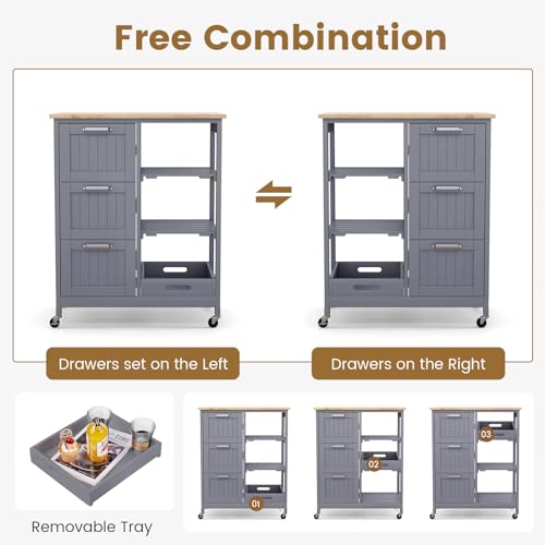 Kitchen Island, Rolling Storage Cart with Drawers & Removable Tray, Wood Storage Cart on Wheels with Countertop & 3 Tier Shelves, Modern Island Table for Kitchen, Dining Room