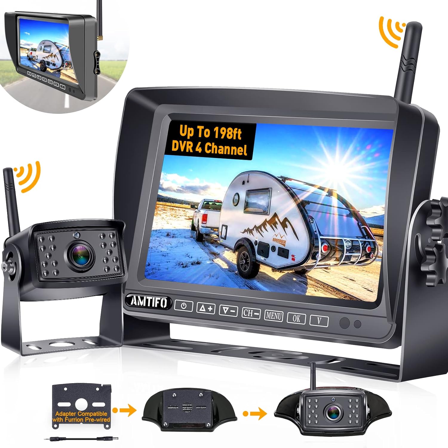 Trailer Backup Camera HD 1080P Back Up Camera Systems Wireless with 7 Inch DVR Monitor Car Security Camera System for Truck RV Camper Adapter Compatible with Furrion Pre-Wired RVs - AMTIFO A5