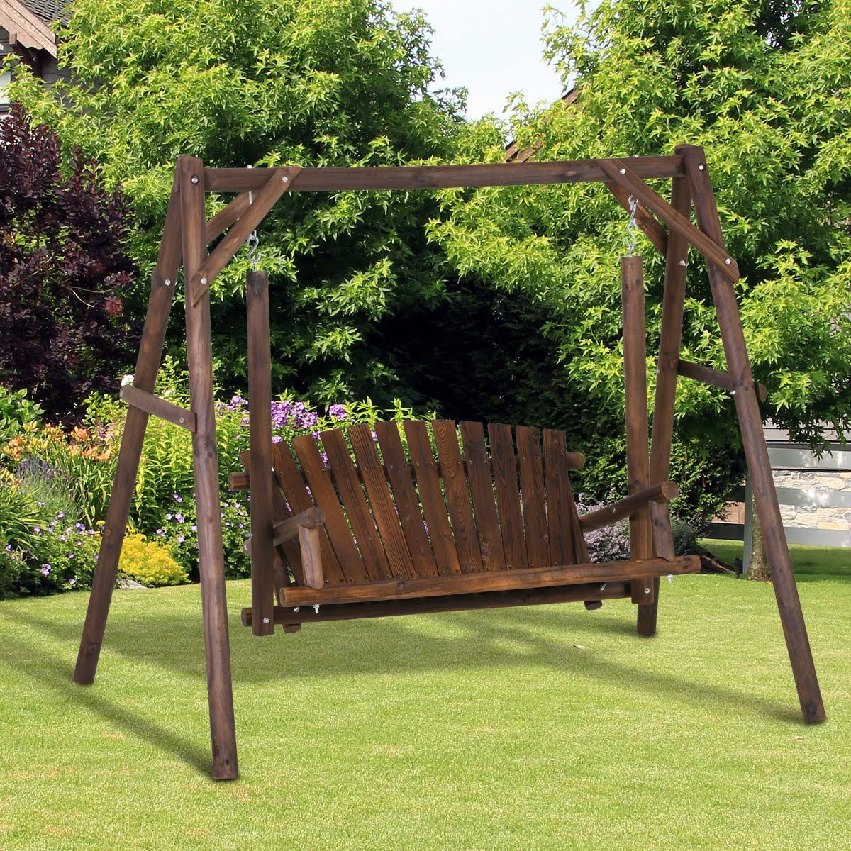 Outsunny 6.5& Outdoor Rustic Loveseat 2 Person Freestanding Solid Wood Natural Log Garden Swing - Carbonized