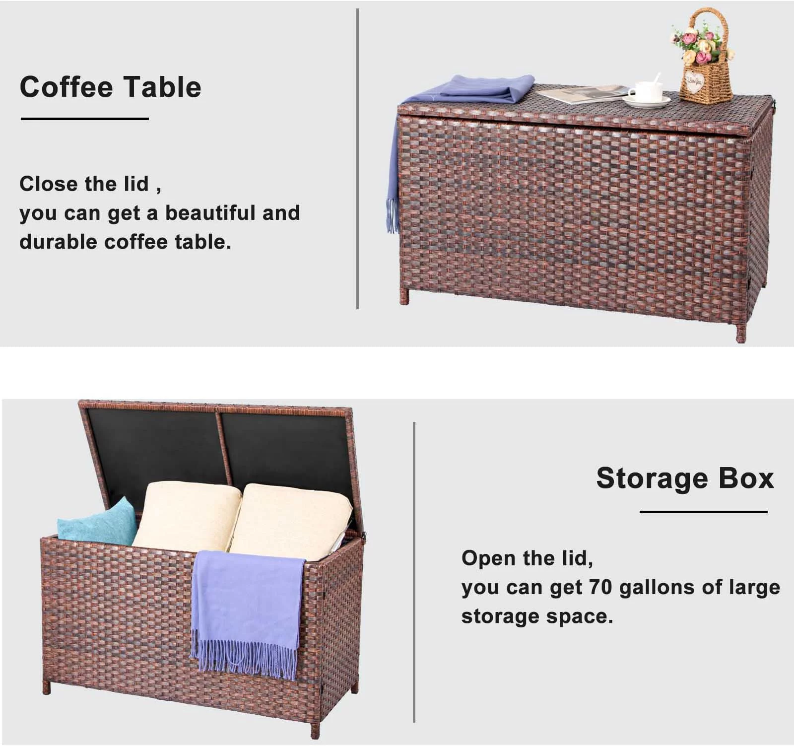DIMAR GARDEN Outdoor Patio Wicker Rattan Storage Box Table 70 Gallon Mixed Coffee