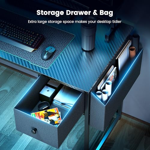 L Shaped Gaming Desk, 47 Inch Computer Desk with Adjustable Stand & RGB Lights, Corner Desk for Power Outlet, Carbon Fiber Texture