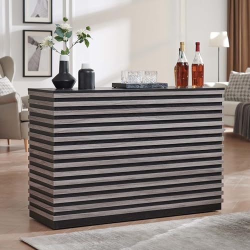 Home Source Deluxe 47.5" Wine Bar Cabinet with Open Wine Rack, Liquor Shelves Buffet Storage Sideboard with Glass Door & Drawer for Kitchen Credenza Dining Room Living Room, Grey