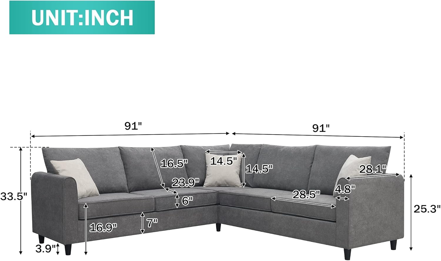 LUMISOL Upholstered Sectional Sofa for Living Room, L Shape Furniture Couch with 3 Pillows, Fabric Sofa Couch for Large Space Apartments Office, Grey