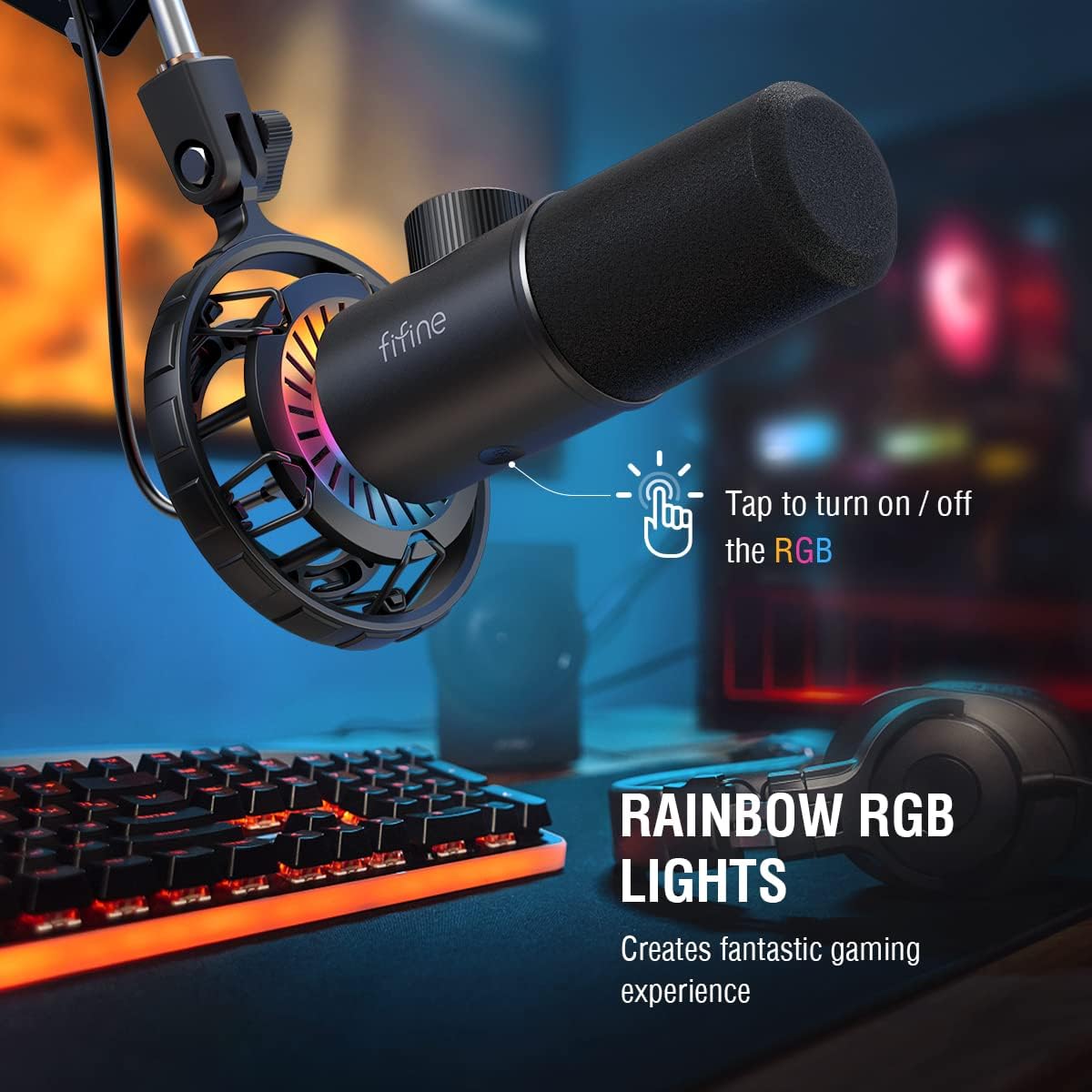 USB Gaming Microphone, FIFINE RGB Dynamic Mic for PC, with Tap-to-Mute Button, Plug & Play Cardioid Mic with Headphone Jack for Streaming, Podcast, Twitch, YouTube, Discord- K658