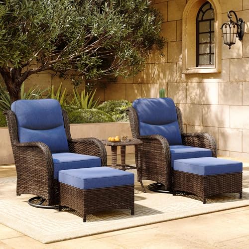 Luxury Patio Furniture Set with 6-inch Thick Cushion, Outdoor Couch and High Back Swivel Rocker Patio Chairs, 7PCS Wicker Conversation Set for Deck, Yard, and Poolside in Blue (V2)