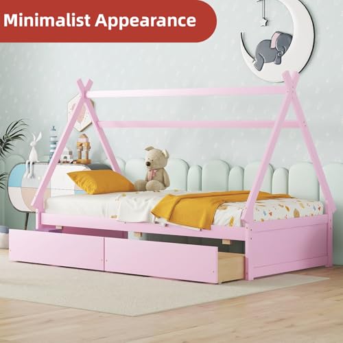 Twin Size House Platform Bed with Two Drawers Headboard and Footboard Wood Daybed Frame Bedroom Furniture for Girls BoysKids, No Box Spring Needed,Pink