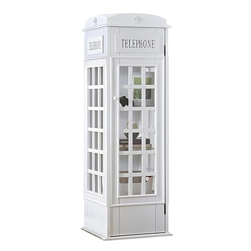 Telephone Booth 5-Tier Wooden Bookcase Freestanding CD Storage Cabinet Living Room Display Bookshelf with Front Door, 44.5" H x 14.4" W x 14.4" D (Off White)