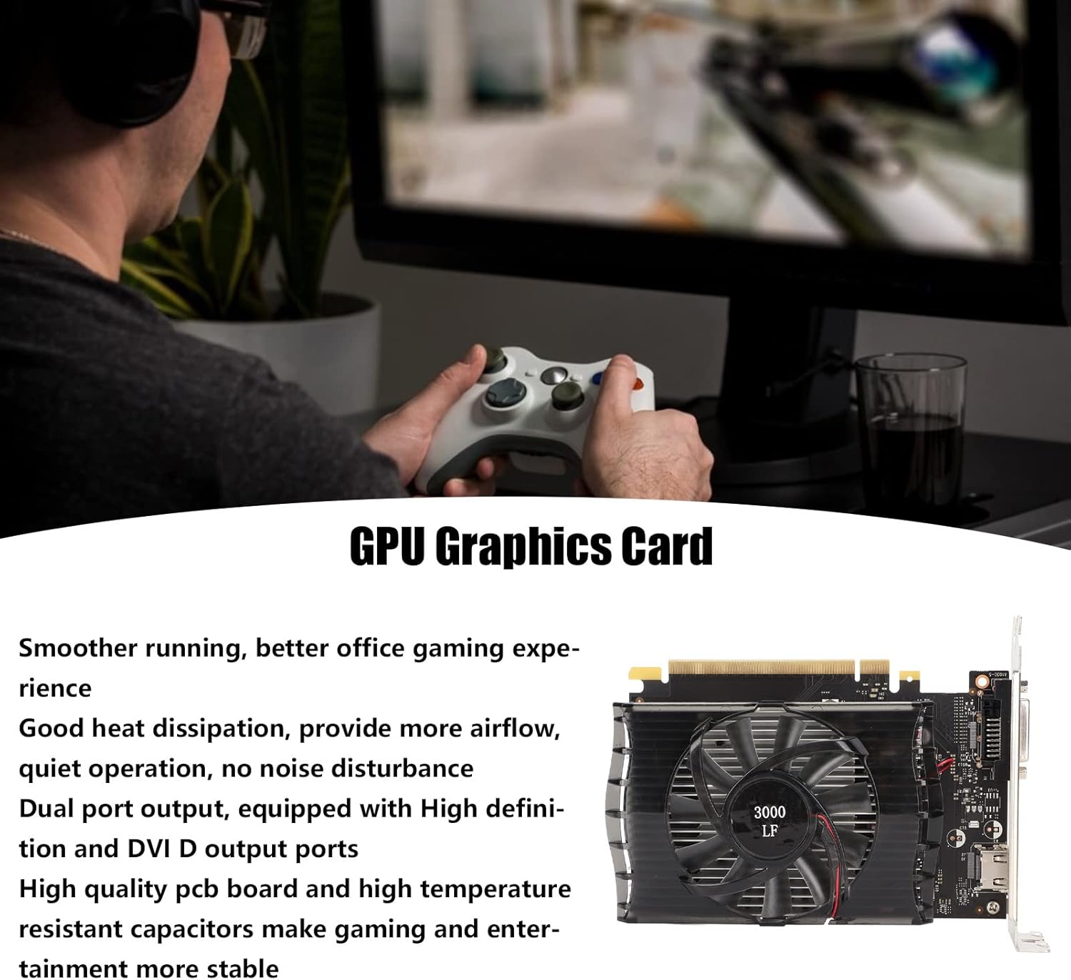 Crisist Discrete Graphics Card, GPU Graphics Card Good Heat Dissipation Run Smoothly Stable Safe Dual Port Output for Desktop