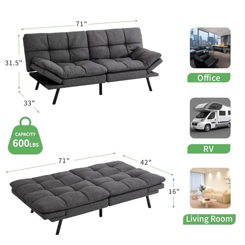 MUUEGM Futon Sofa Bed,couch bed,Memory Foam Futon Sofa,Convertible Sofa Bed for Compact Living Spaces,Apartment,Office,Sleeper Sofa,71"*33"*31.5",Grey Fabric