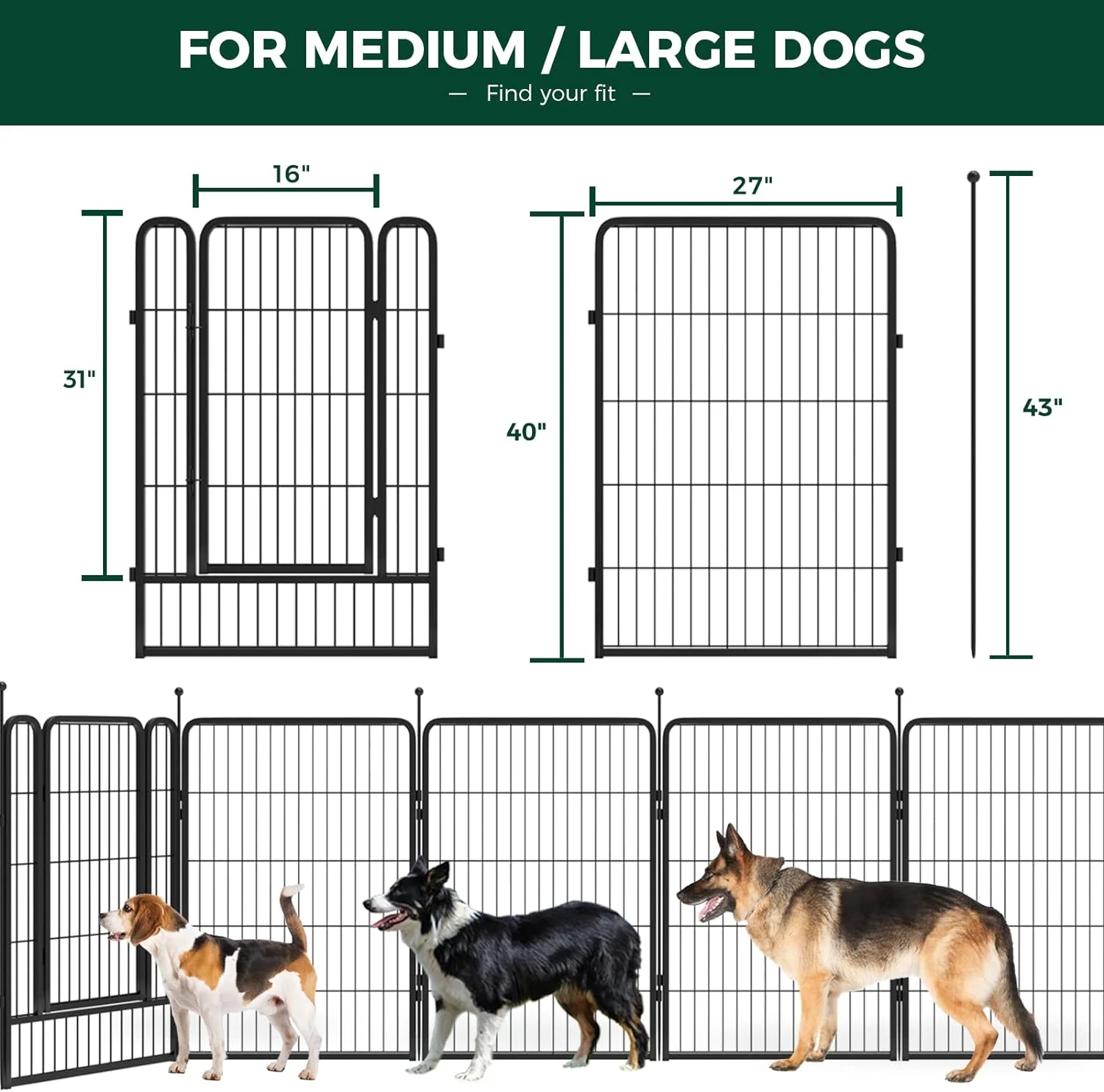 FXW Rollick Dog Playpen Outdoor, 16 Panels 40" Height Dog Fence Exercise Pen with Doors for Large/Medium/Small Dogs, Pet Puppy Playpen for RV, Camping, Yard