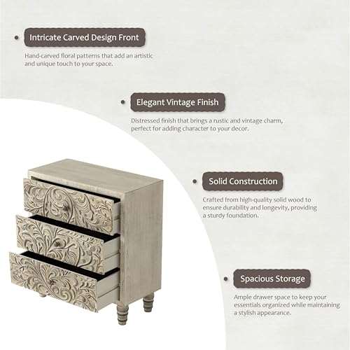 LONYKE 3 Drawer Farmhouse Dresser with Embossed Weathered Flower Motif, Vintage Nightstand for Bedroom, Fully-Assembled, Boho, Weathered White, 25''W*11.81''D*27.36''H