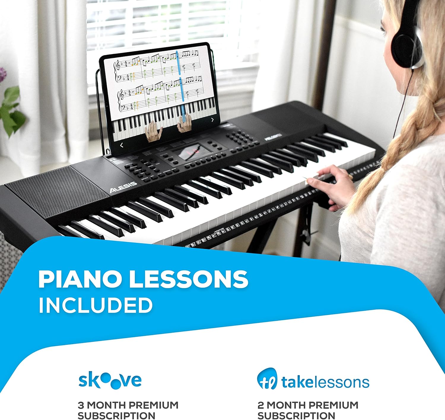 Alesis Melody 61 Key Keyboard Piano with 300 Sounds, Speakers, Digital Piano Stand, Bench, Headphones, Microphone, Music Lessons and Demo Songs