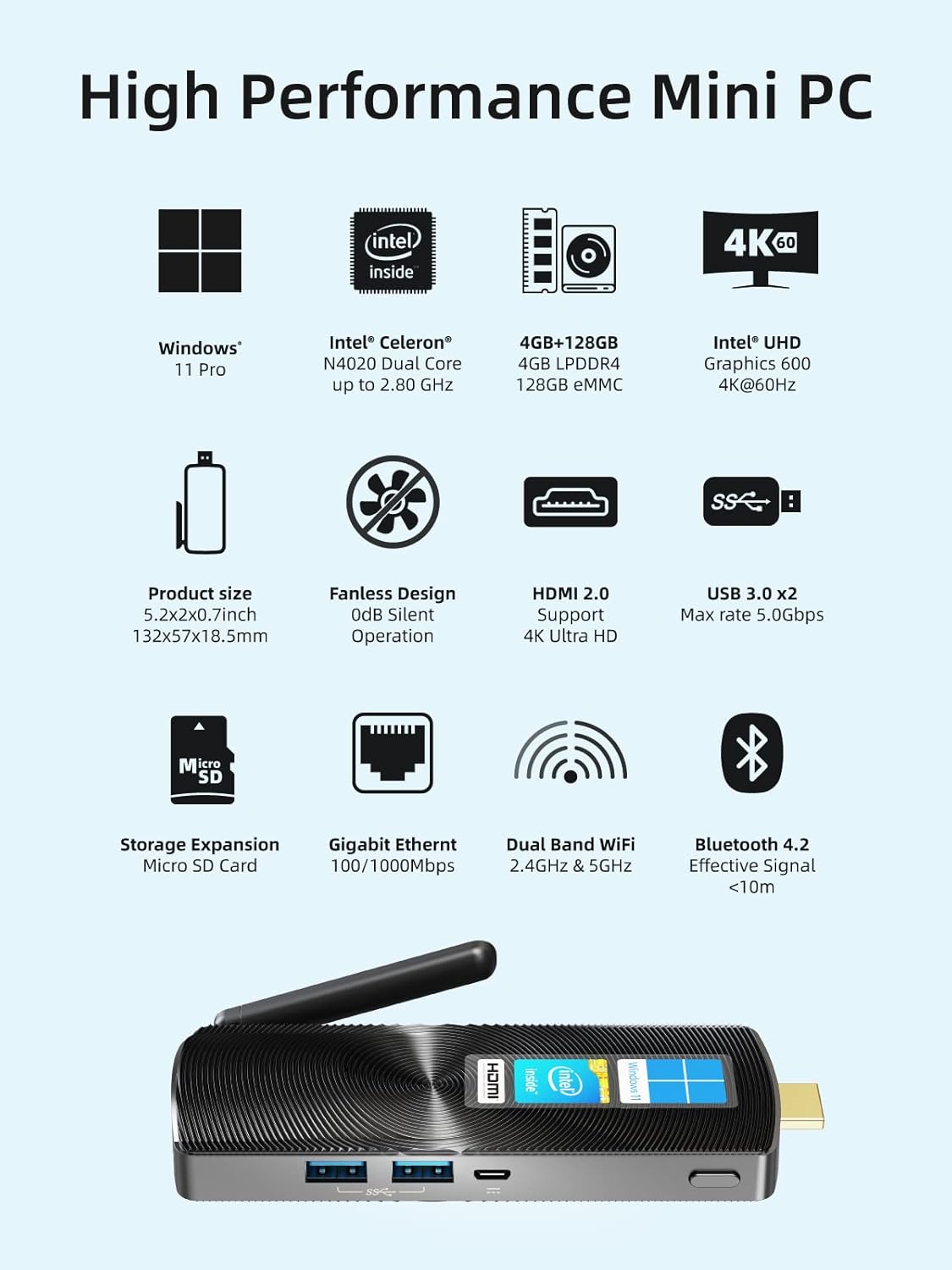 MeLE Mini PC Fanless Windows 11 Pro Portable Desktop Micro Computer Stick N4020 4GB 128GB 4K HDMI Gigabit Ethernet Small Form Factor pc for Home Office School Business Media Industry IoT Etc.PCG02