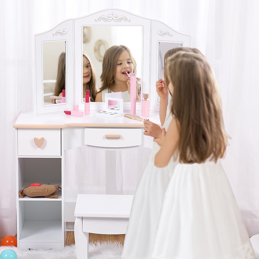 GAOMON Princess Vanity Set for Toddlers - Kids Vanity with Mirror, Stool, and Wood Makeup Playset, White