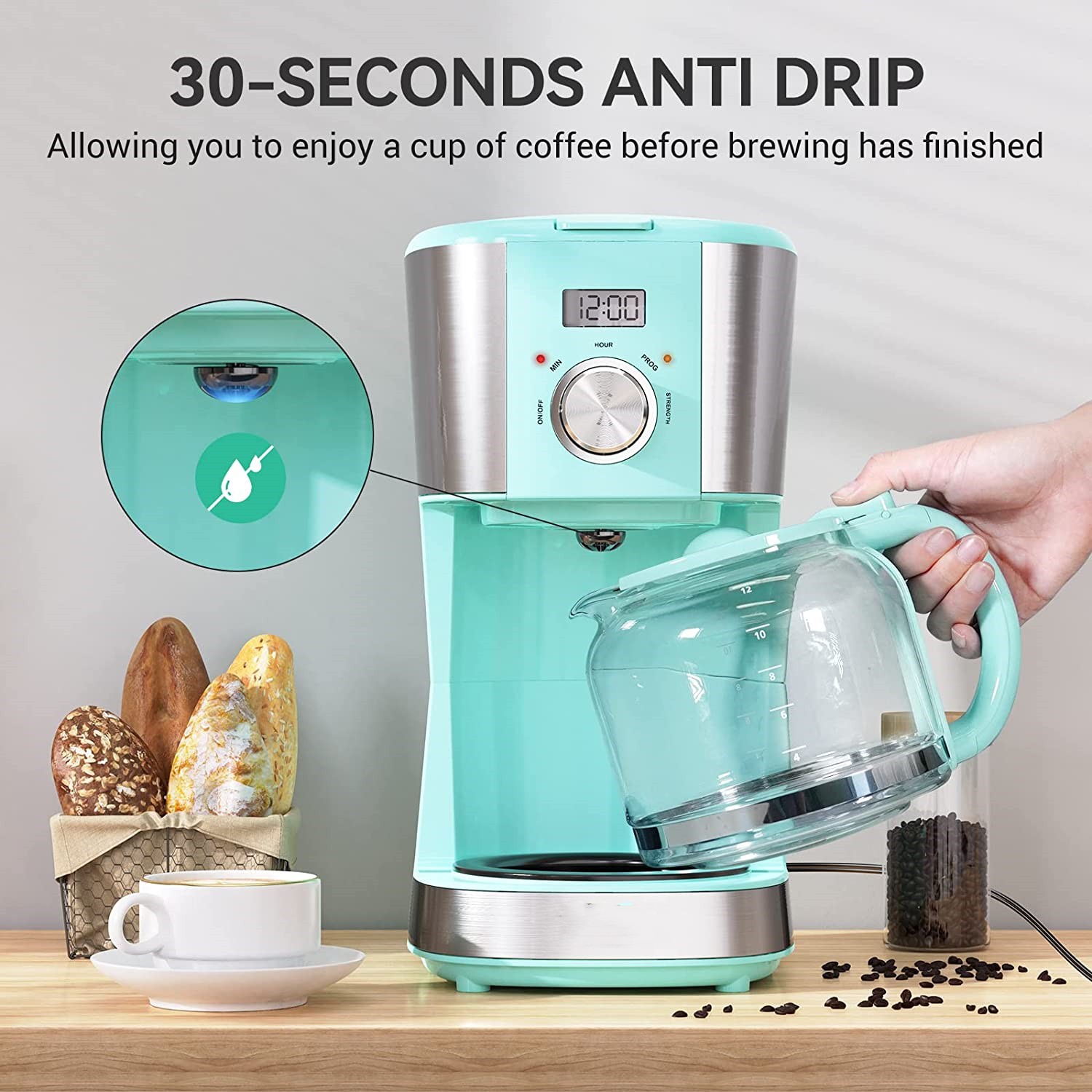 12-Cup Programmable Coffee Maker,  Drip Coffee Machine Coffee Brewer with Timer, Anti-Drip Pot, Reusable Filter, Auto Keep Warm Function for Home Office, Blue