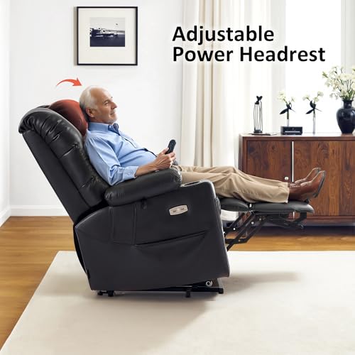 MCombo Large Triple Motor Power Lift Recliner Chair with Massage and Dual Heating, Adjustable Headrest for Tall Elderly People, Faux Leather 7634 (Dark Brown, Large)
