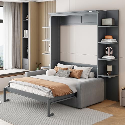Polibi Queen Size Murphy Bed - Multi-Functional Wall Bed with Sofa Cushion, Folds into Cabinet, Ideal for Guest Room/Home Office/Gym, Gray